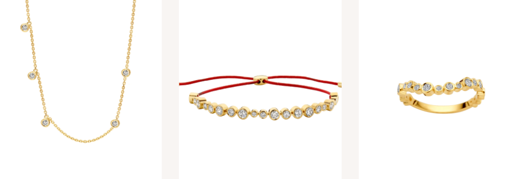 A collage of a gold and silver necklace, bracelet and a Tori ring
