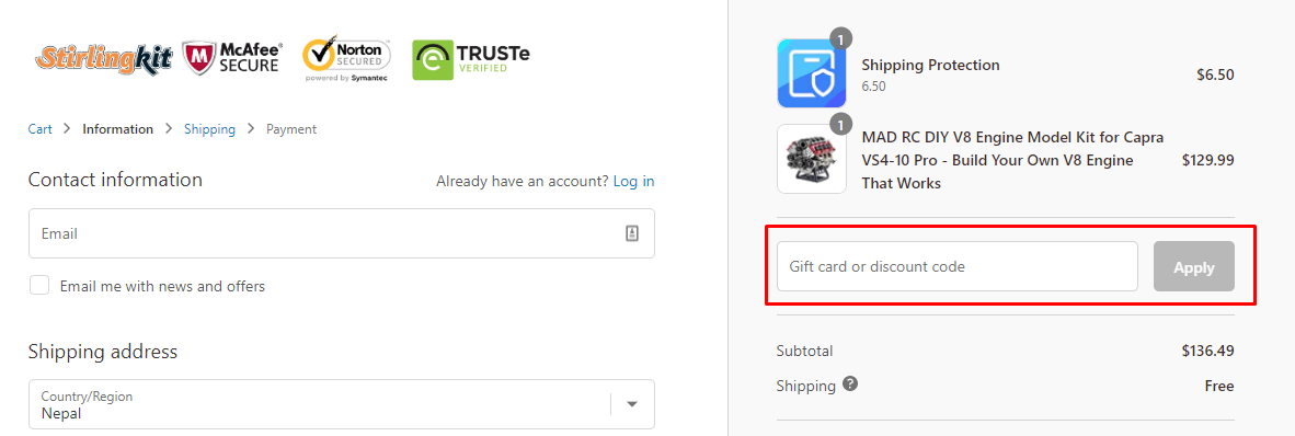How do I use my Stirlingkit discount code?