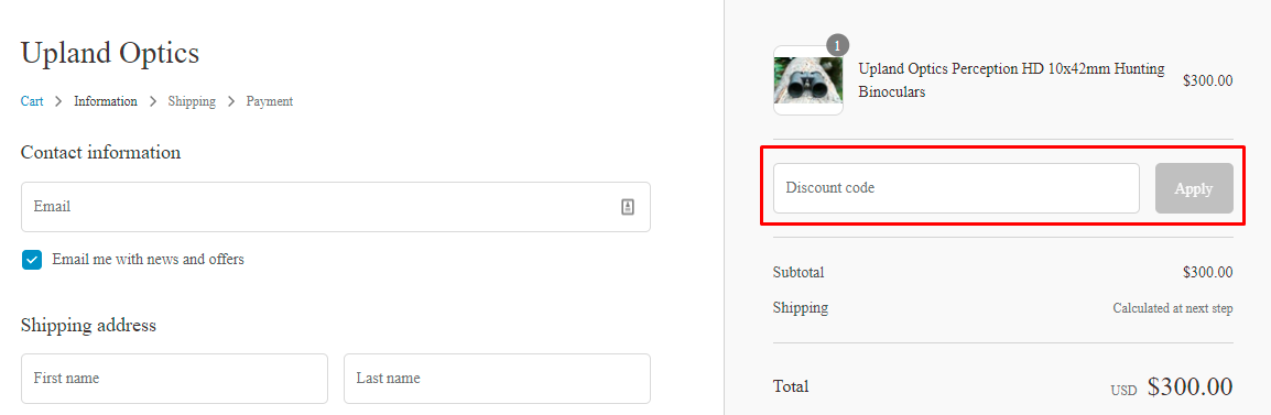 How do I use my Upland Optics discount code?
