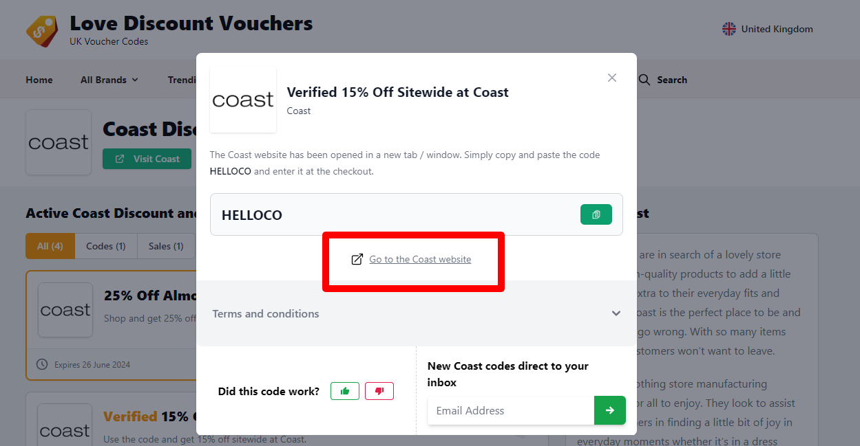 Box displayed on a darkened background of a Monterrain discount code with the terms and conditions showing