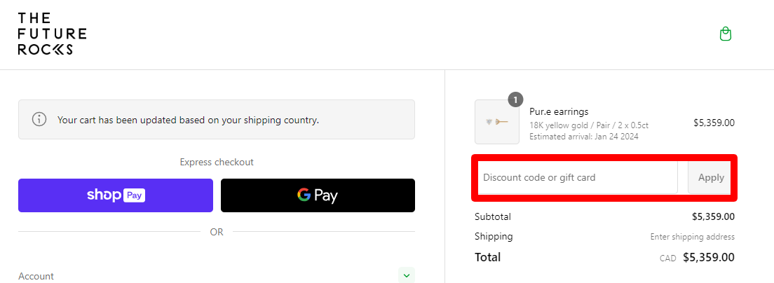 The brand checkout page with where to add the The Future Rocks discount code is highlighted with a red box
