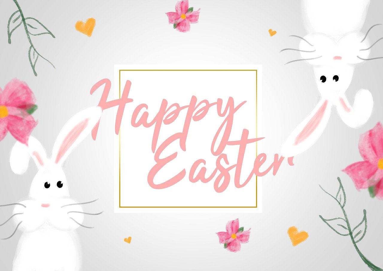 carta de feliz pascua en inglés ofreciendo ofertas de pascua con un lazo rosa y un dibujo de dos conejos