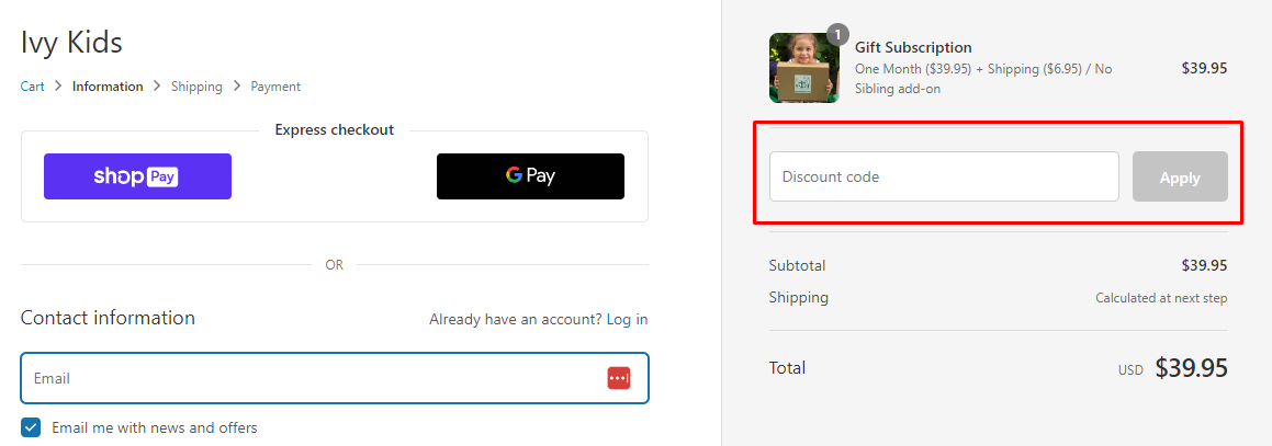 How do I use my Ivy Kids discount code?