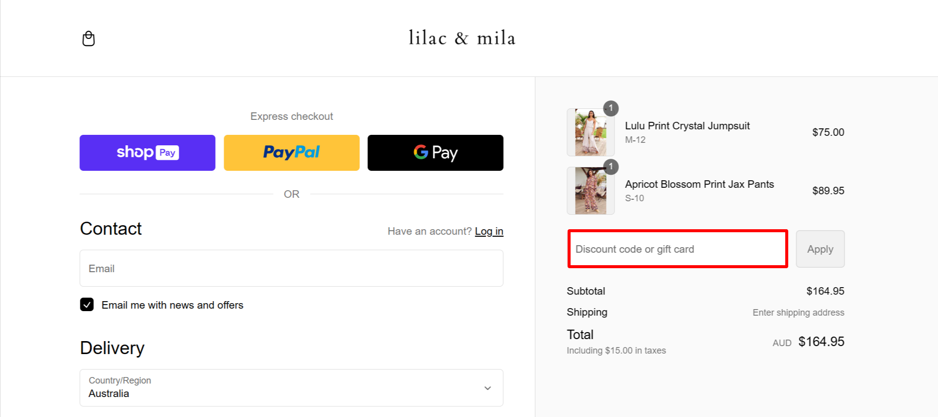 The highlighted red box at the brand checkout page is showing where to add the Lilac and Mila discount code.
