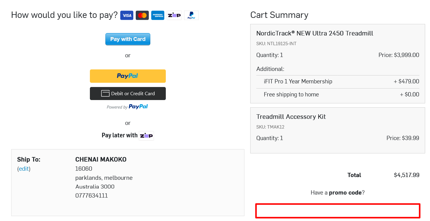 NordicTrack checkout page where to enter your code