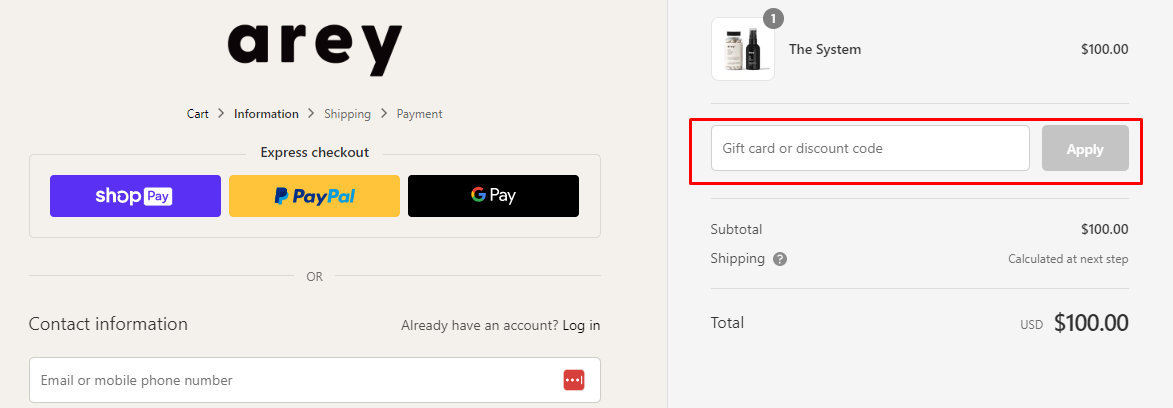 How do I use my Arey discount code?