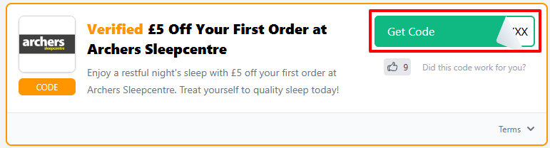 An Archers Sleepcentre voucher code with "Get Code" in a red box.