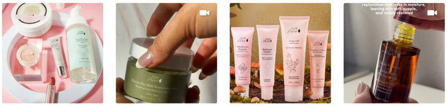 Vier Bilder mit jeweils anderen Kosmetik- und Pflegeprodukten von 100% Pure