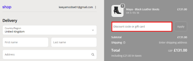 A box where you enter a Calla Shoes promo code