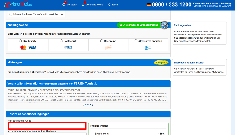 Buchungsverlauf von 12-Travel mit rotmarkiertem Eingabefeld für Rabattcodes