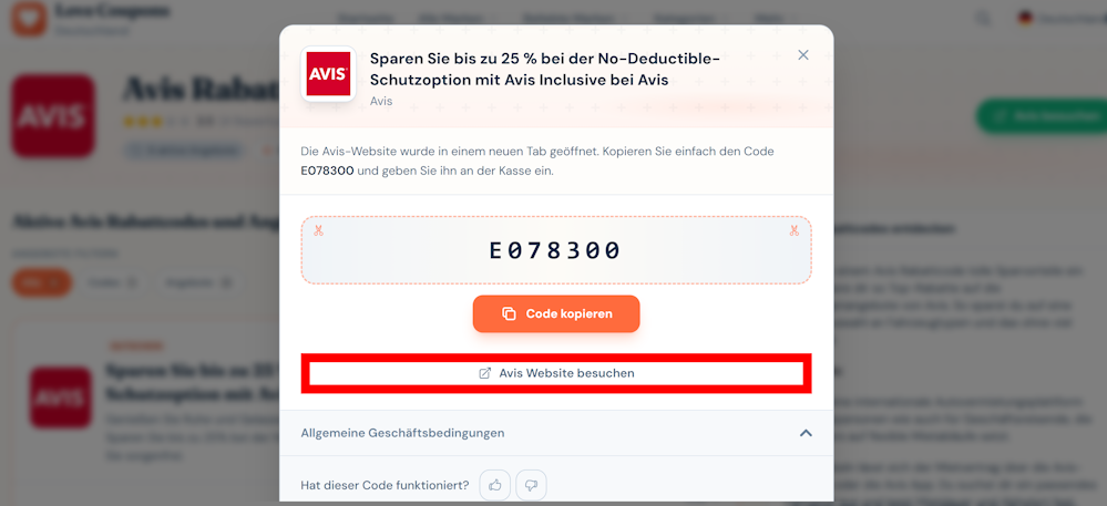 Ein offener Gutschein für Avis mit rotmarkiertem Link auf der Love Coupons-Seite