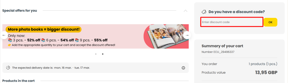 The Colorland shopping cart page with where to paste the Colorland voucher code in a red box