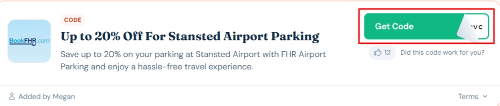 A FHR Airport Parking discount code with "Get Code" in a red box