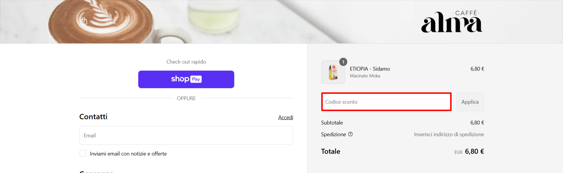 carrello della piattaforma ufficiale Caffè Alma dove poter inserire il codice sconto Caffè Alma per abbassare il prezzo del caffé