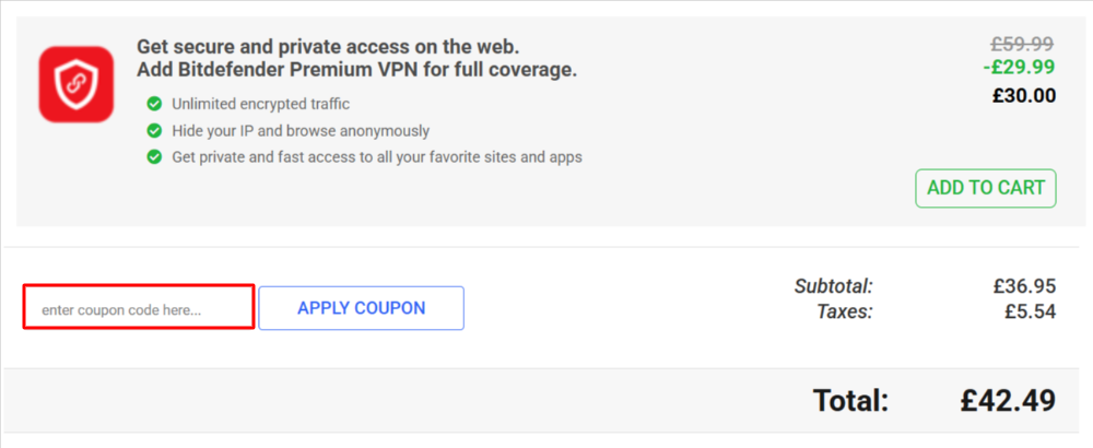 The Bitdefender checkout page with where to paste the Bitdefender discount code in a red box