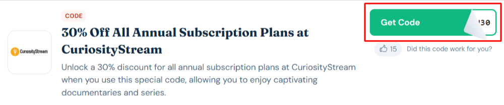 A CuriosityStream voucher code with "Get Code" in a red box