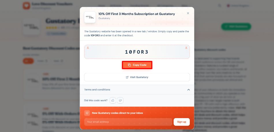 A pop-up displaying a Gustatory voucher code and its terms and conditions