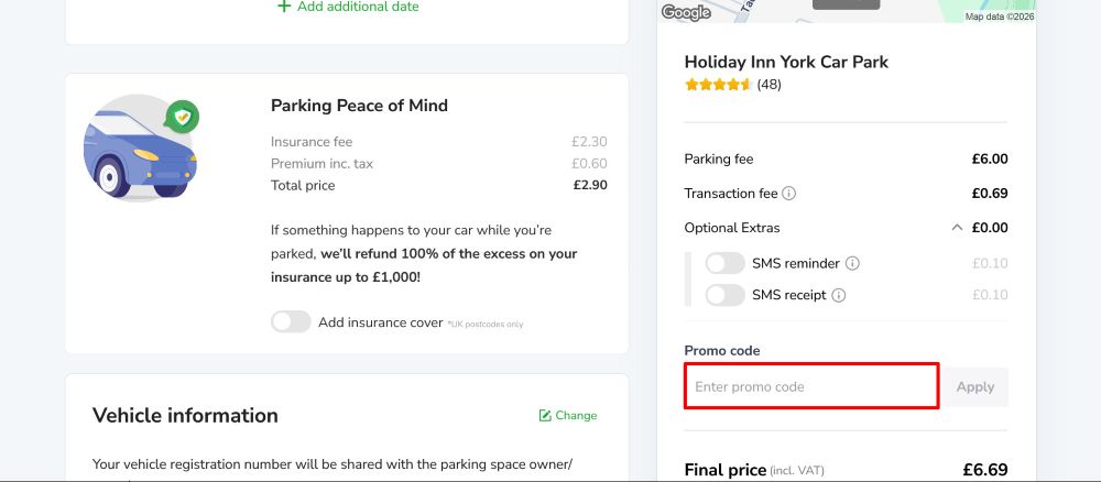 The checkout page for JustPark, where you paste the code