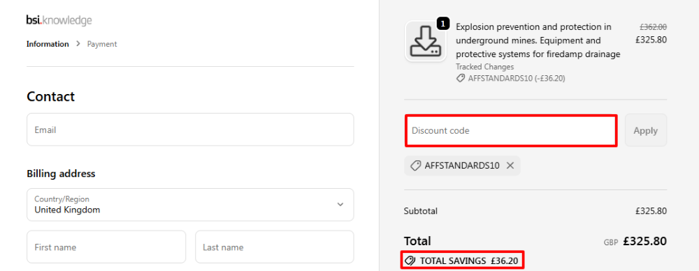 The checkout page showing where to apply your BSI voucher code
