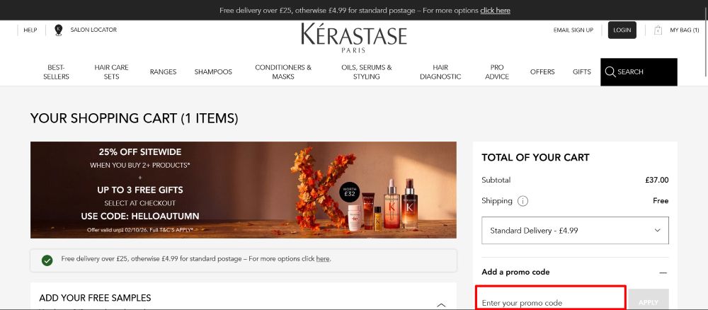 The checkout page for Kérastase, where you paste the code