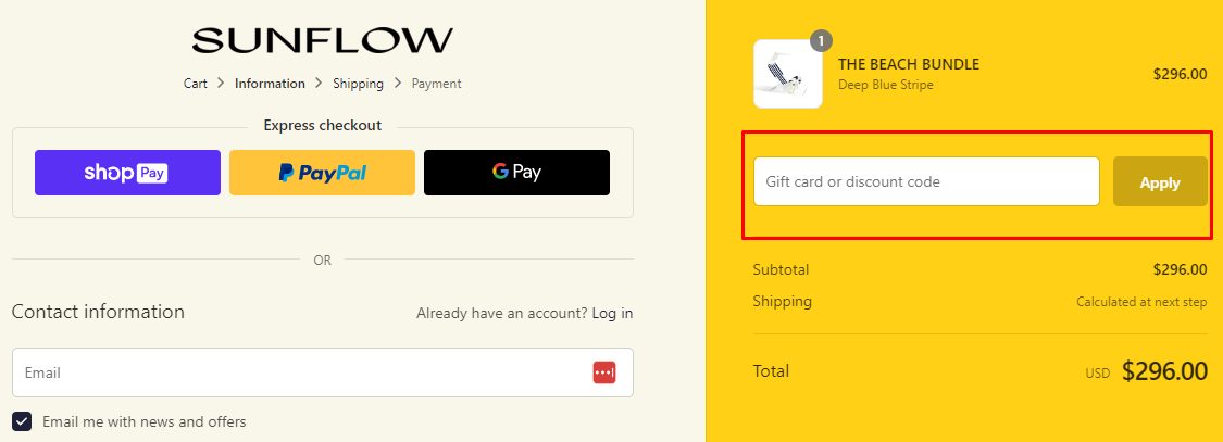 How do I use my SUNFLOW discount code?