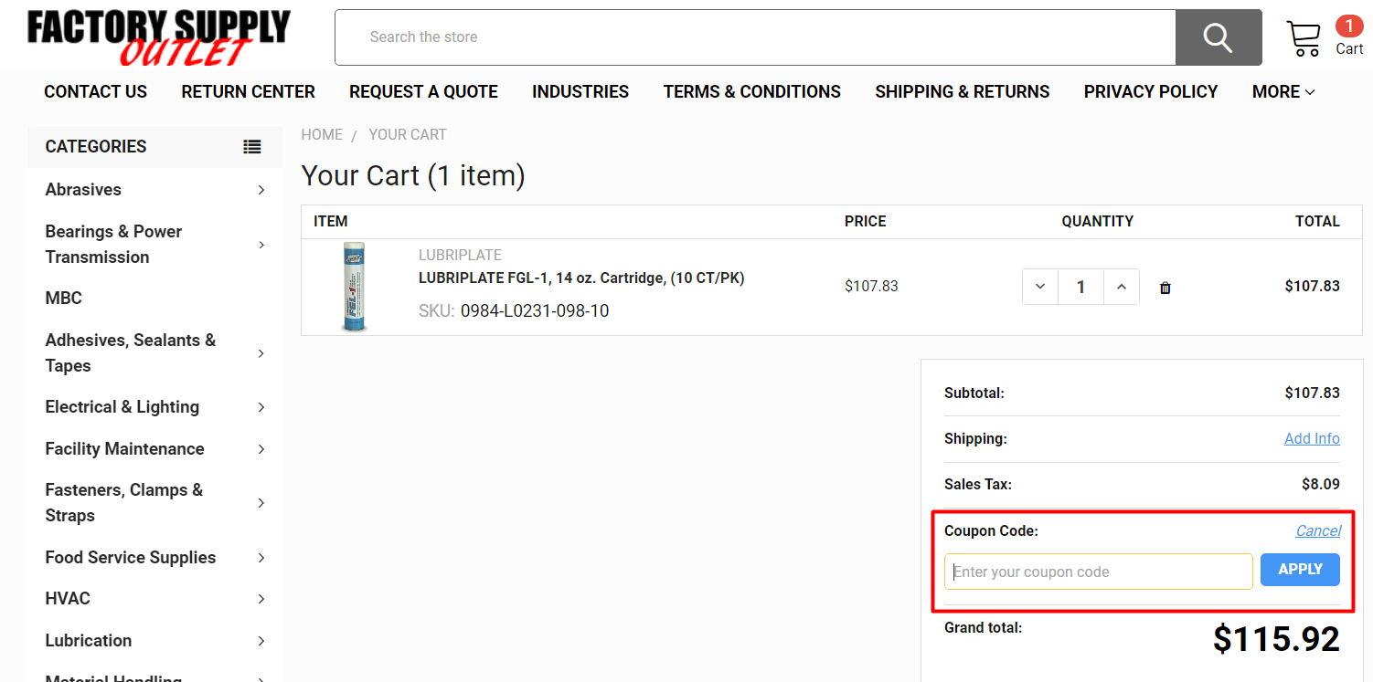 How do I use my Factory Supply Outlet coupon code
