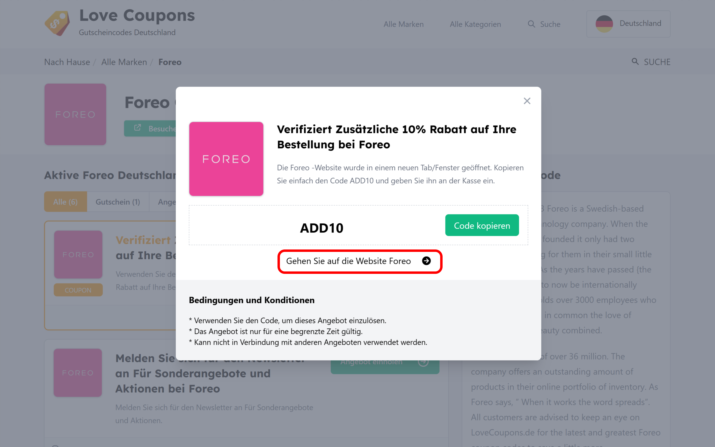Die Lovecoupons Seite mit einem offenen Foreo Gutscheincode und einem rotmarkiertem Link