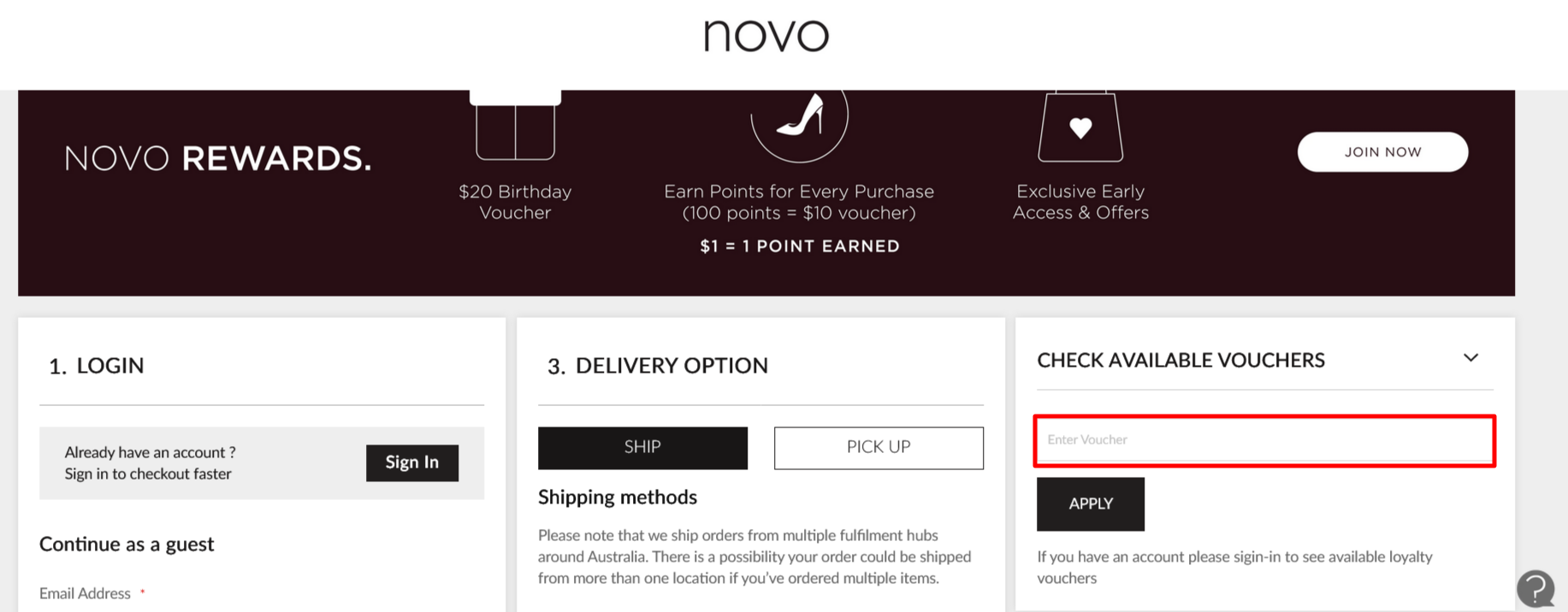 Novo Shoes checkout page where to enter your code