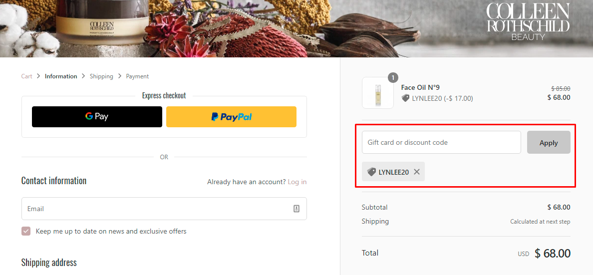 How do I use my Colleen Rothschild Beauty discount code?