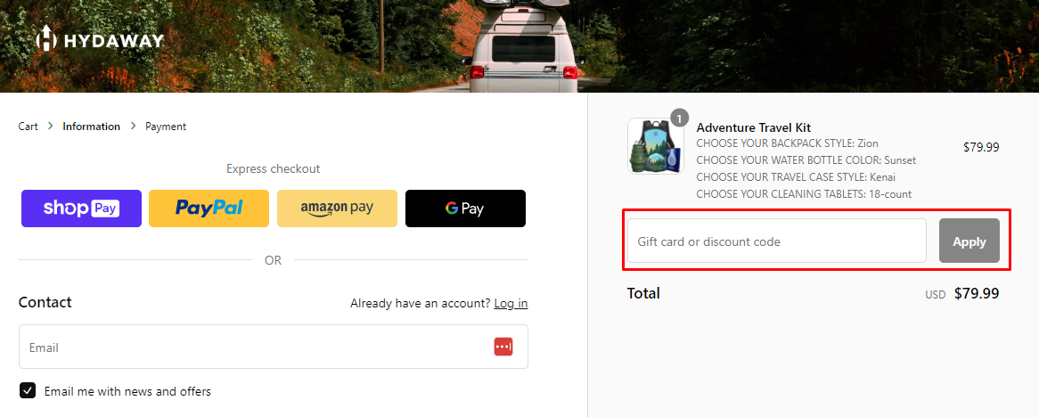 How do I use my HYDAWAY discount code?