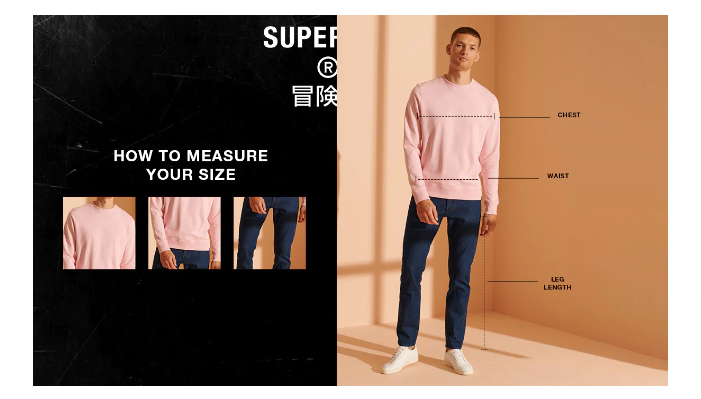 Chest, waist, and leg with a man standing on the right-hand side, with measure guides showing where exactly to measure from