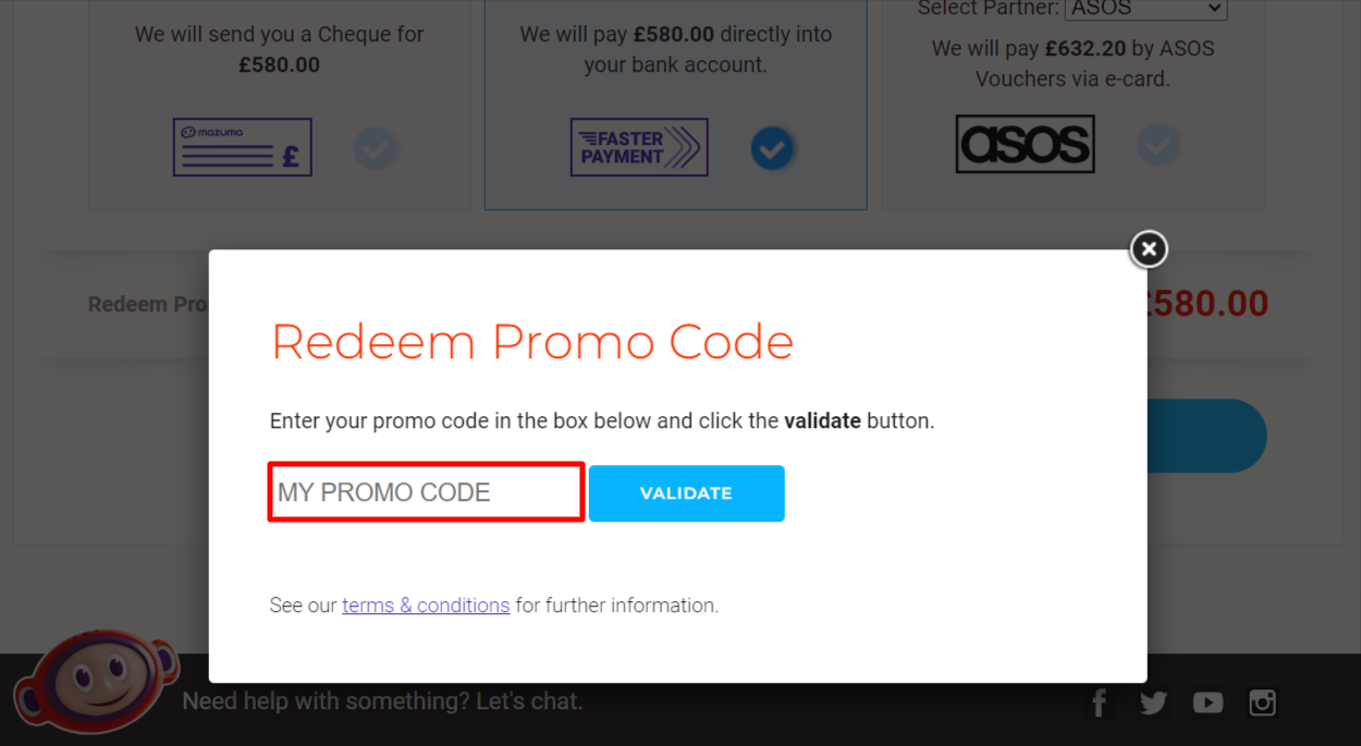 The brand checkout page with where to add the Mazuma mobile discount code highlighted with a red box