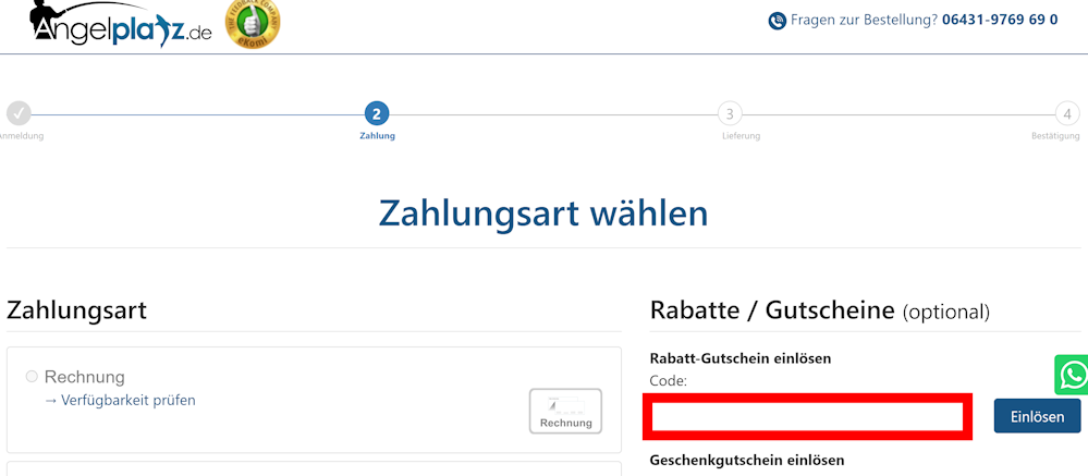 Bestellverlauf von Anglerplatz mit rotmarkiertem Eingabefeld für Rabattcodes