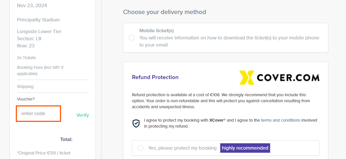 The brand checkout page with where to add the Ticombo coupon code highlighted with a red box