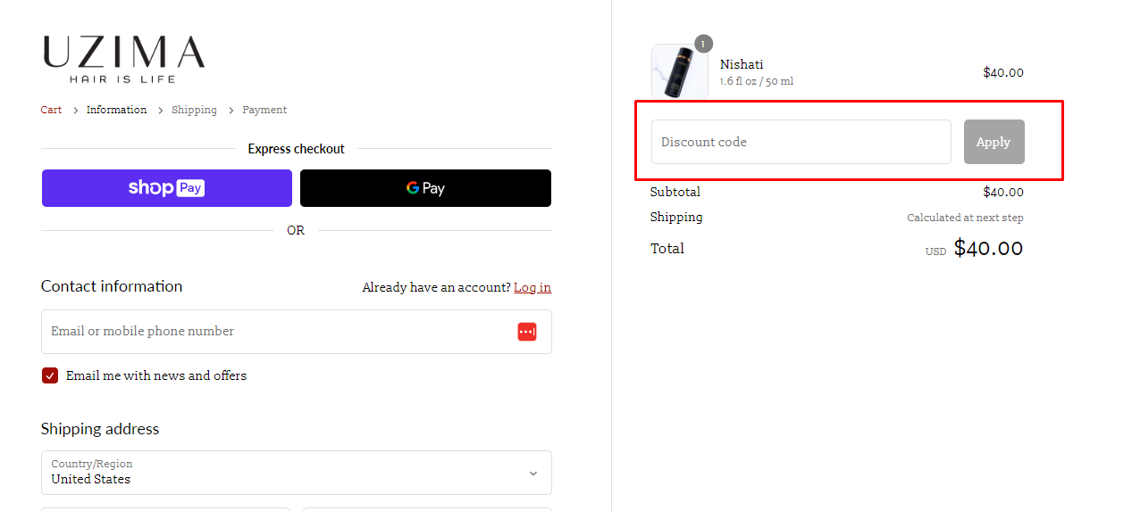 How do I use my UZIMA discount code?
