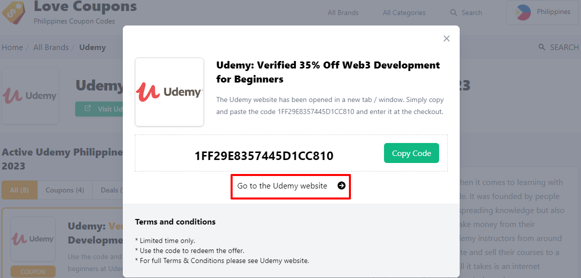 Box displayed on a darkened background of a Udemy coupon code with the terms and conditions showing