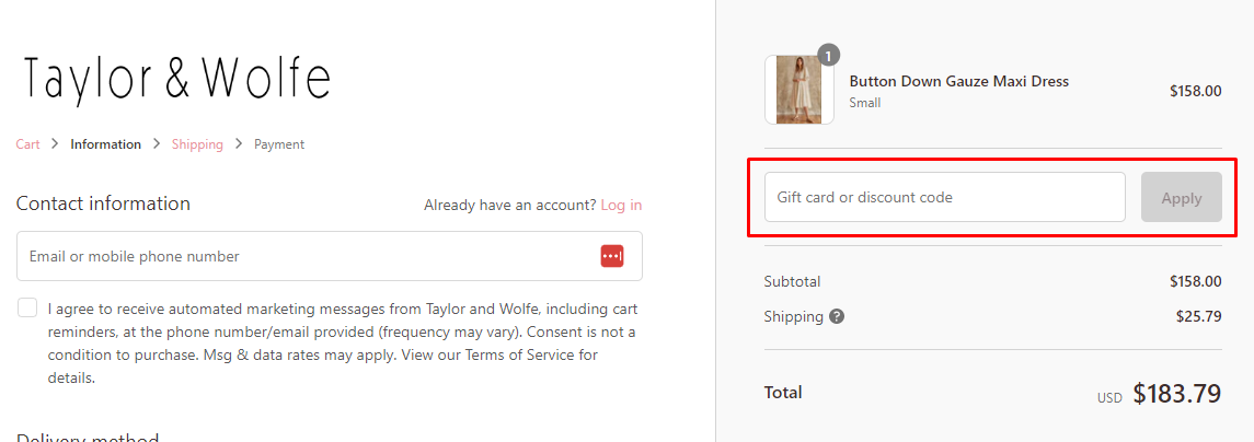 How do I use my Taylor & Wolfe discount code?
