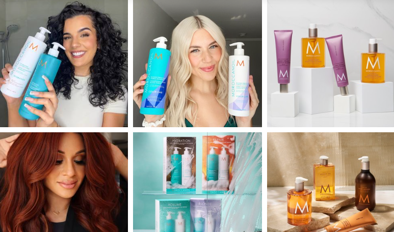 A collage of pictures showing pictures with blonde hair, black hair holding Moroccanoil products then another woman with brown hair plus other several other Moroccanoil products