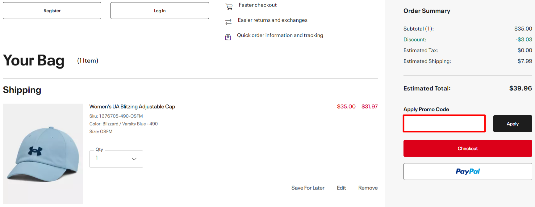 The brand checkout page with where to add the Under Armour coupon code highlighted with a red box