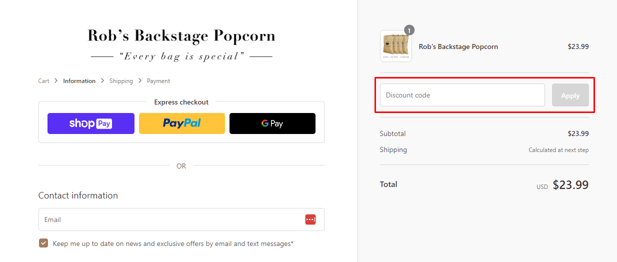 How do I use my Rob’s Backstage Popcorn discount code?