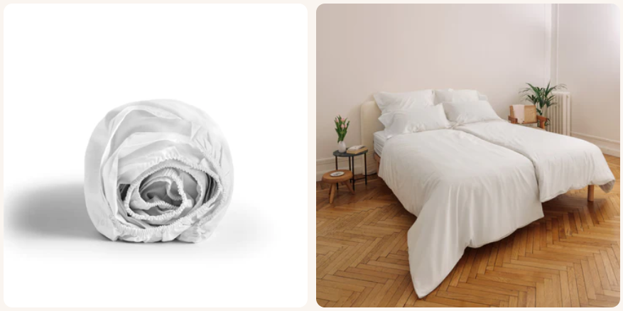Zwei Bilder mit einem zusammengerollter Spannbettlaken und einem großen Bett
