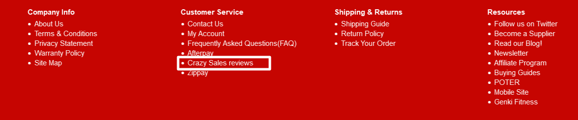 “Crazy Sales Reviews” with a white border around it, words written in white all on a red background.