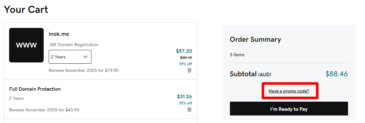 GoDaddy promo code box marked in red where customers put their code for it to be redeemed