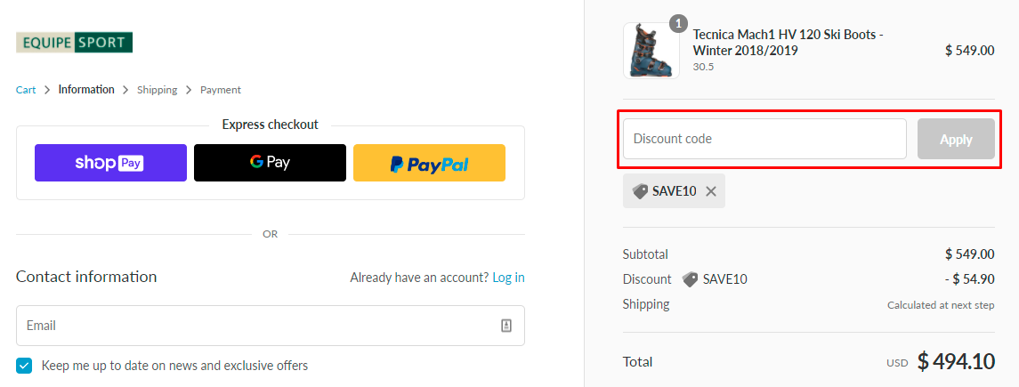 How do I use my Equipe Sports coupon code?