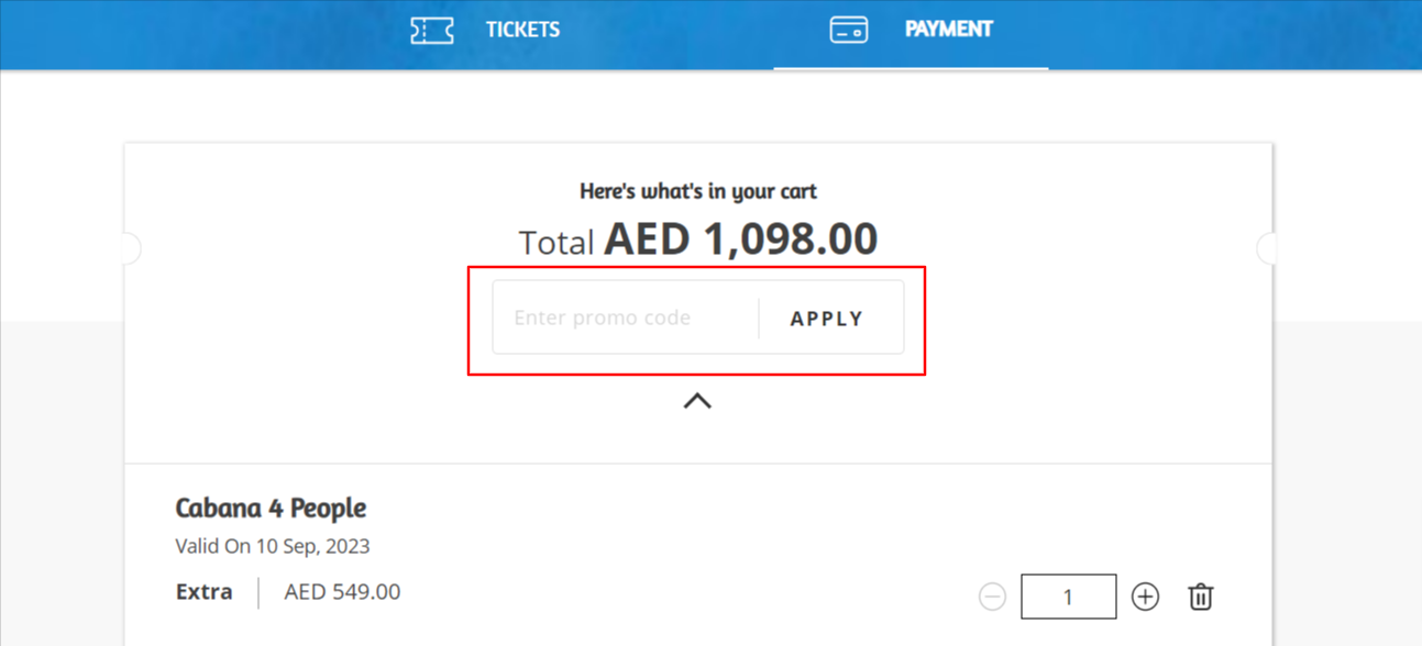 The brand checkout page with where to add the Yas Waterworld coupon code highlighted with a red box