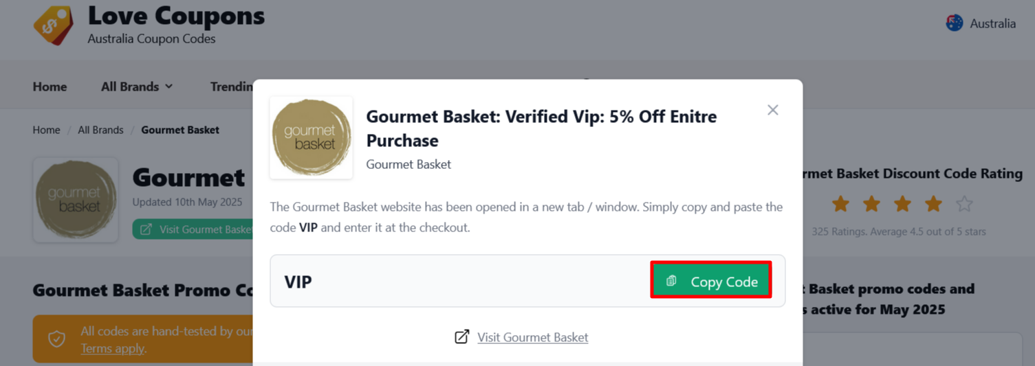 Where to copy your code is on the Gourmet Basket page on Love Coupons