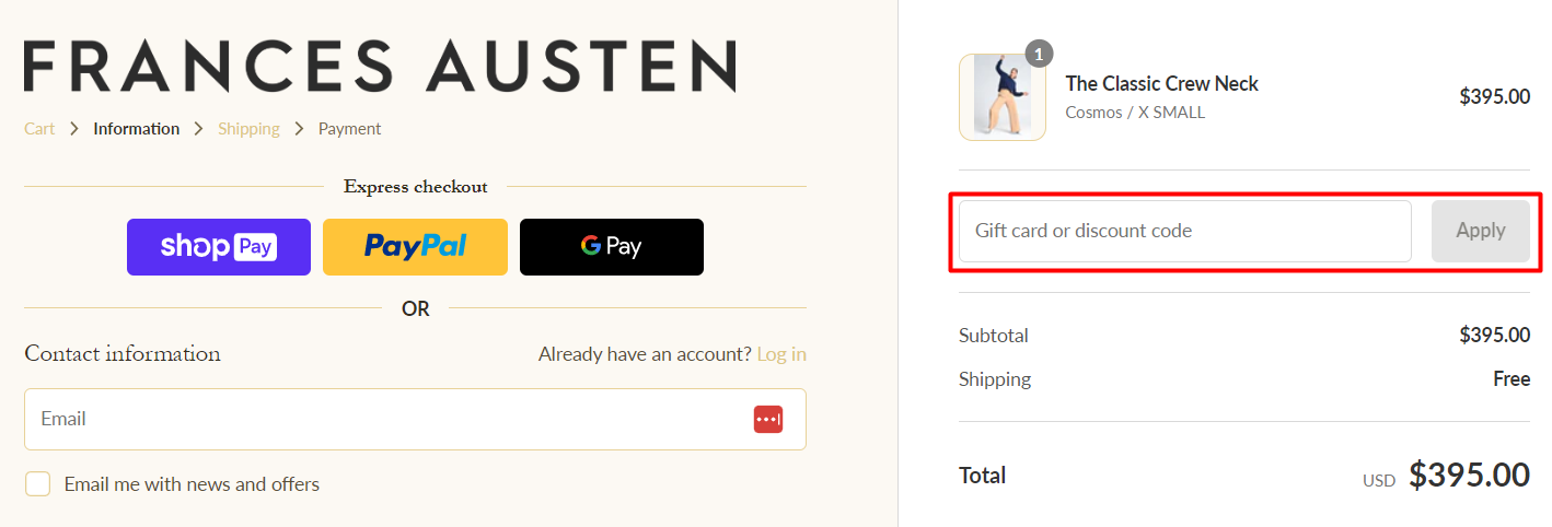 How do I use my Frances Austen discount code?