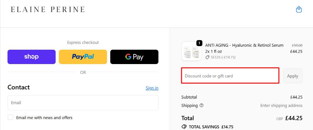 The Elaine Perine checkout page with where to paste the Elaine Perine voucher code in a red box