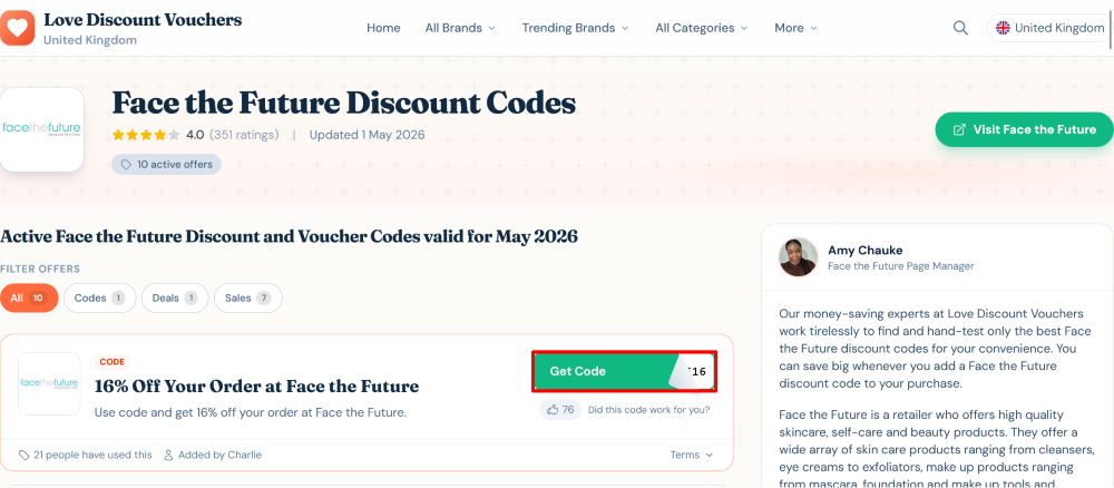 Face the Future Love Discount Vouchers page where a code is copied