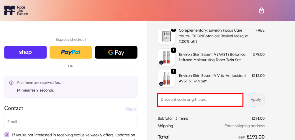 The checkout page shows where to apply your Face the Future discount code